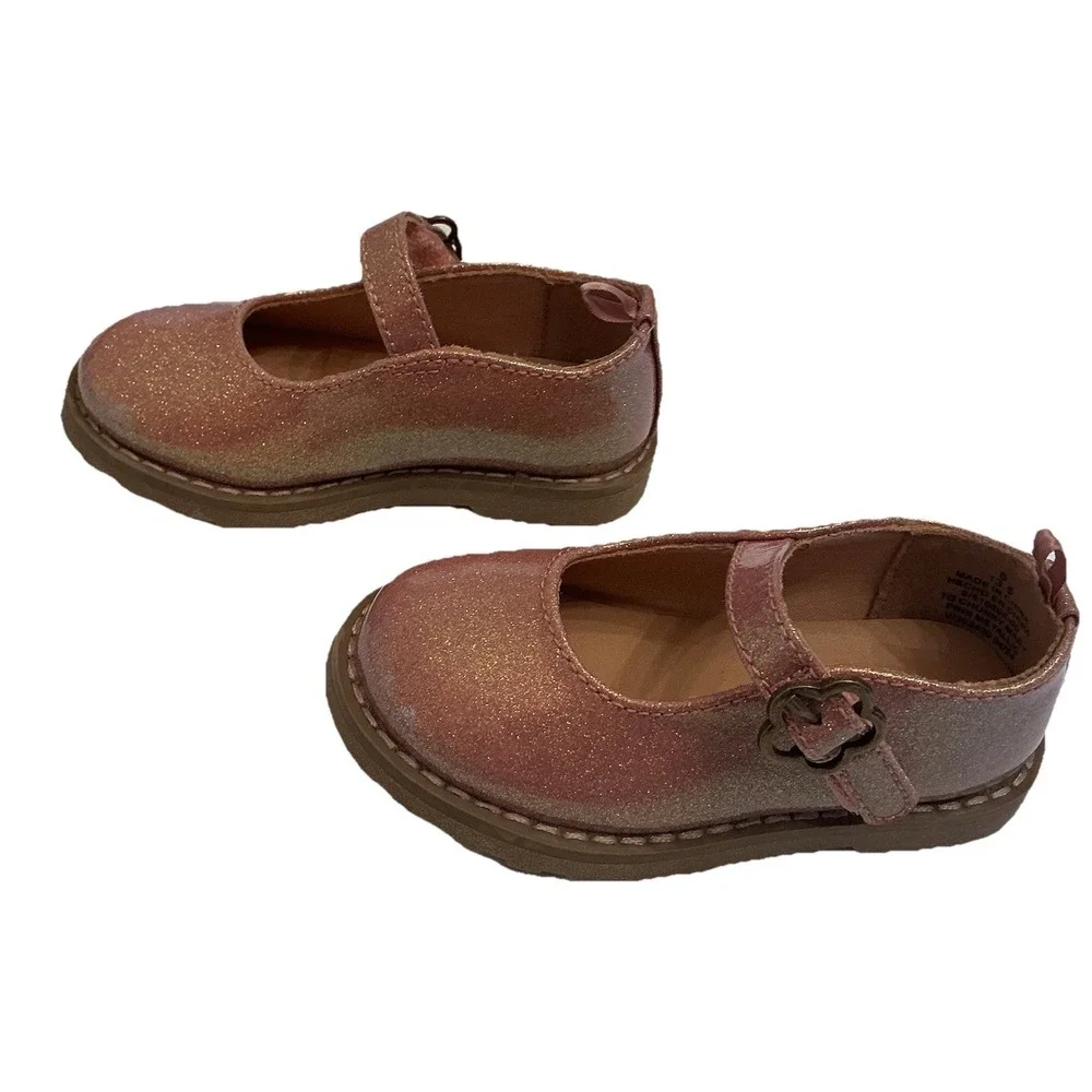 Old Navy‎ Mary Jane Shoes Glitter Look Pink Flower Buckle Toddler Size 6 Sparkle